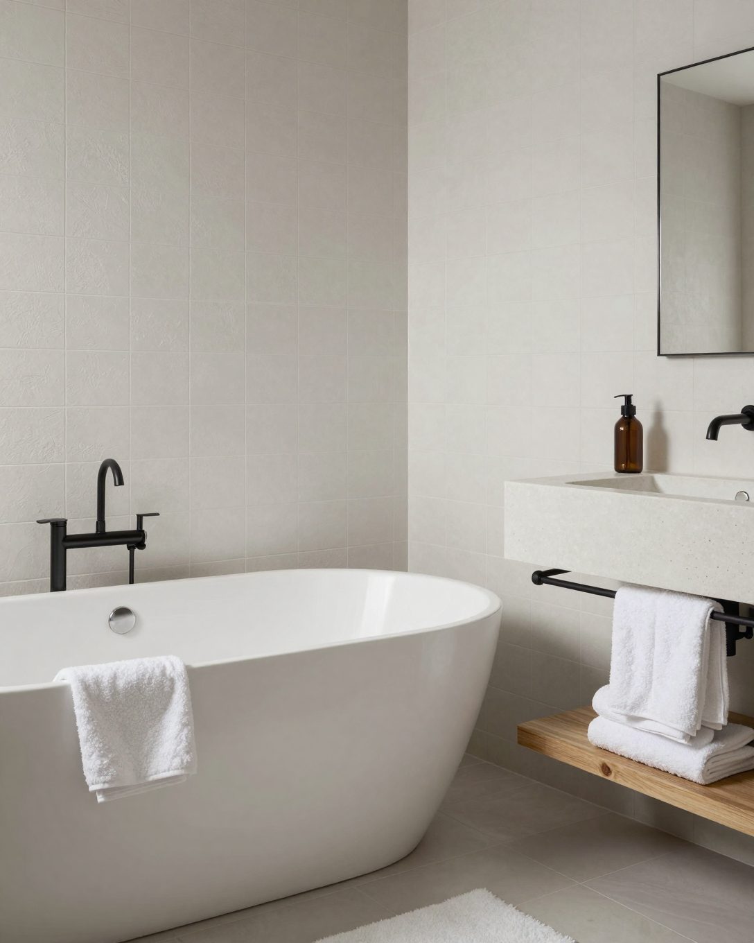 Illustration: an all-white bathroom: white freestanding bath, white textured tiles, a white stone vanity with a pale oak shelf, white linen towels, soft layered whites and creams, fully furnished