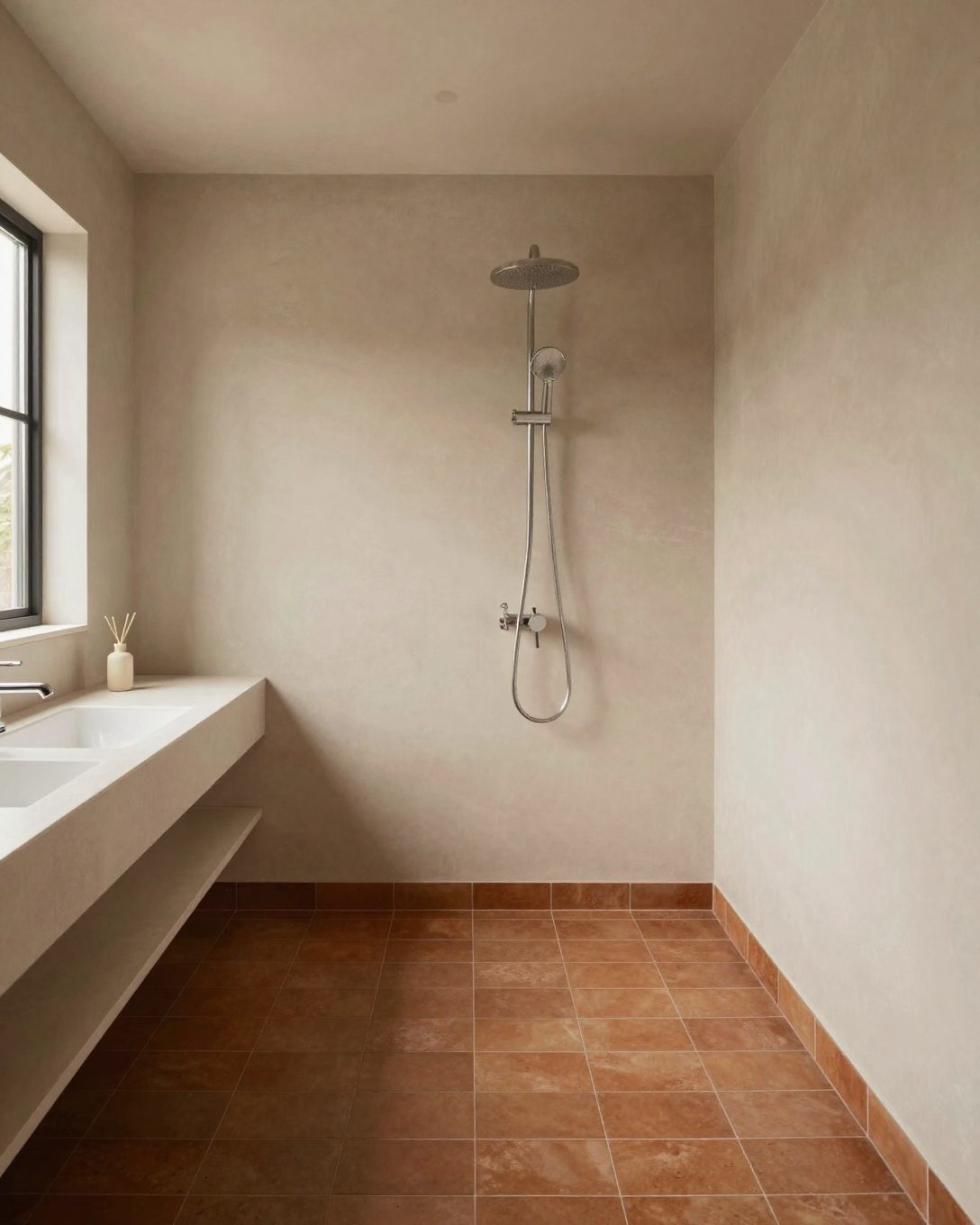 Illustration: a warm terracotta and cream bathroom with clay-coloured floor tiles and plaster walls