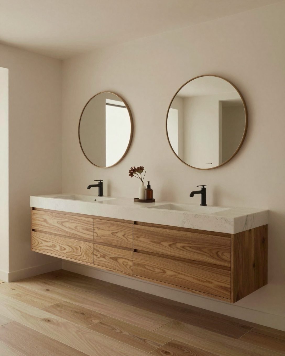 Illustration: an ensuite with a long double vanity and two round mirrors, warm white walls and timber floor-look tiles