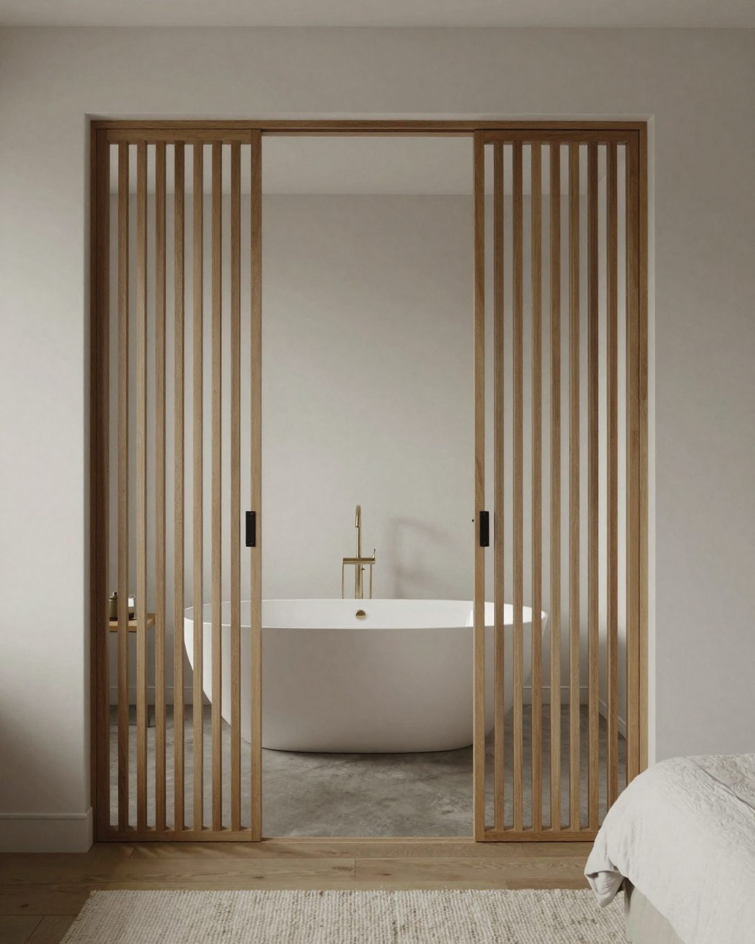 Illustration: an ensuite open to the bedroom through a timber slatted screen, freestanding bath visible