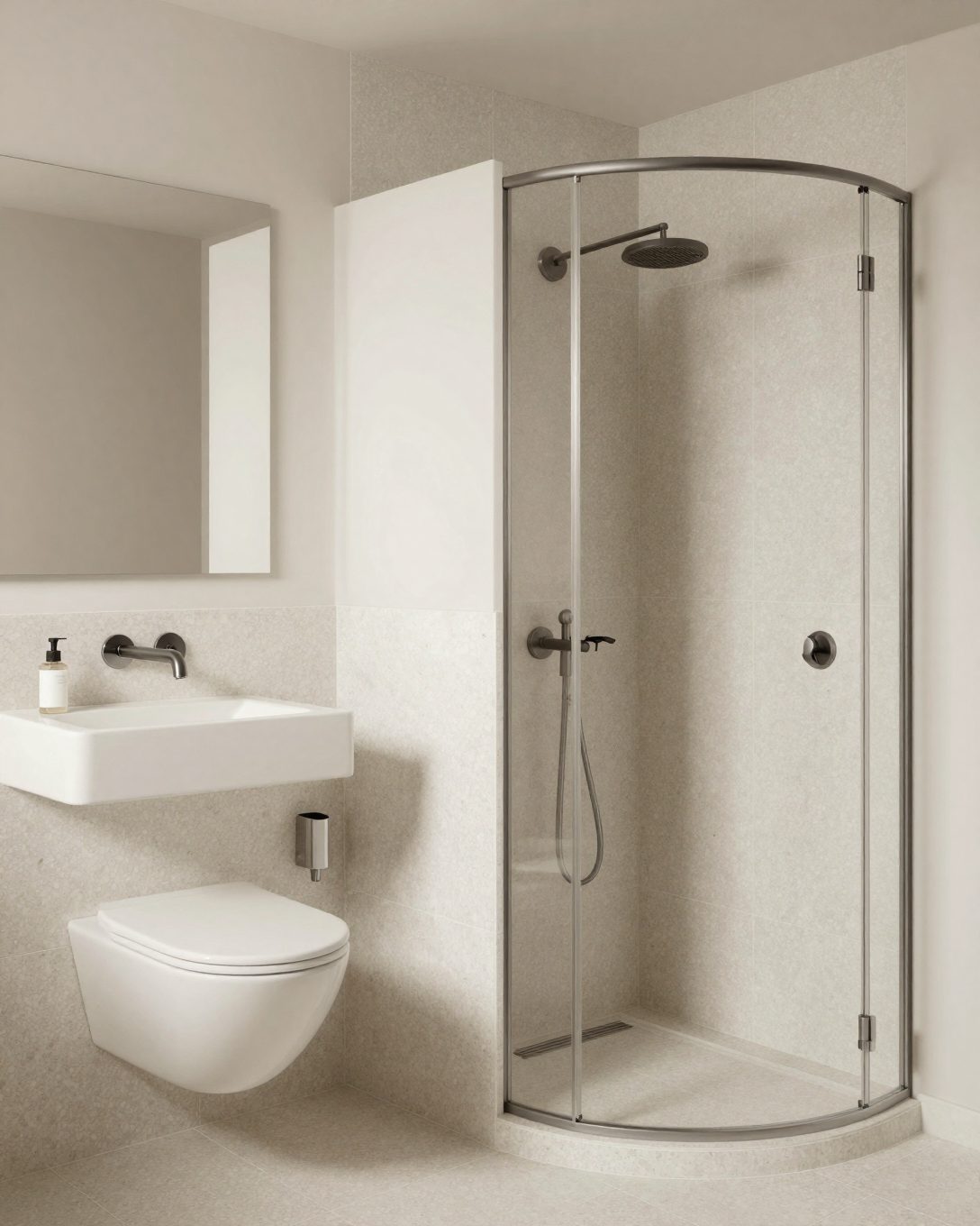 Illustration: a small ensuite with a corner shower, a compact wall-hung vanity and pale terrazzo tiles, clever and bright