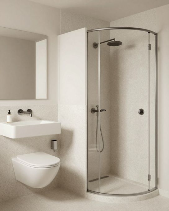 Illustration: a small ensuite with a corner shower, a compact wall-hung vanity and pale terrazzo tiles, clever and bright