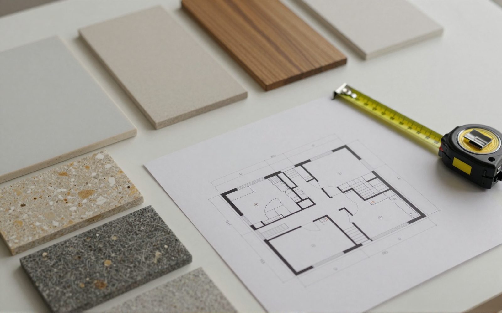 Illustration: an interior designer's desk with tile samples, timber and stone swatches, a floor plan sketch and a tape measure, top-down view