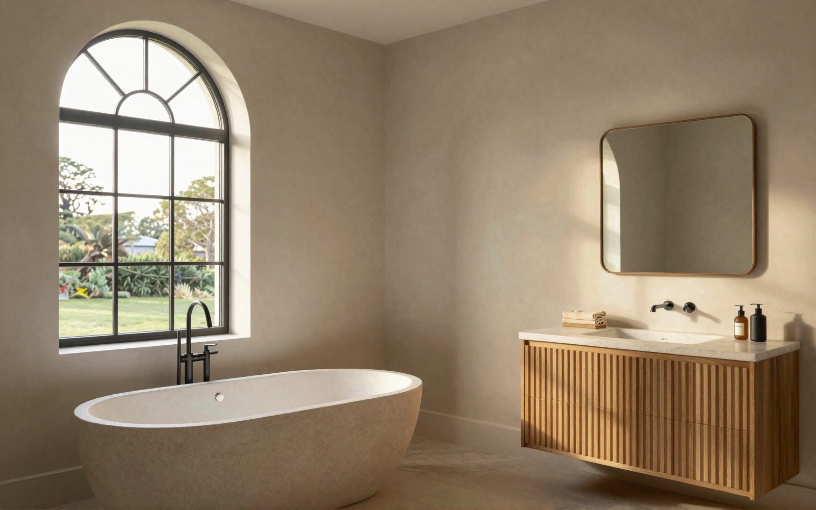 Illustration: an elegant Australian bathroom with limewash walls, an arched window, a freestanding stone bath and a fluted timber vanity, golden afternoon light