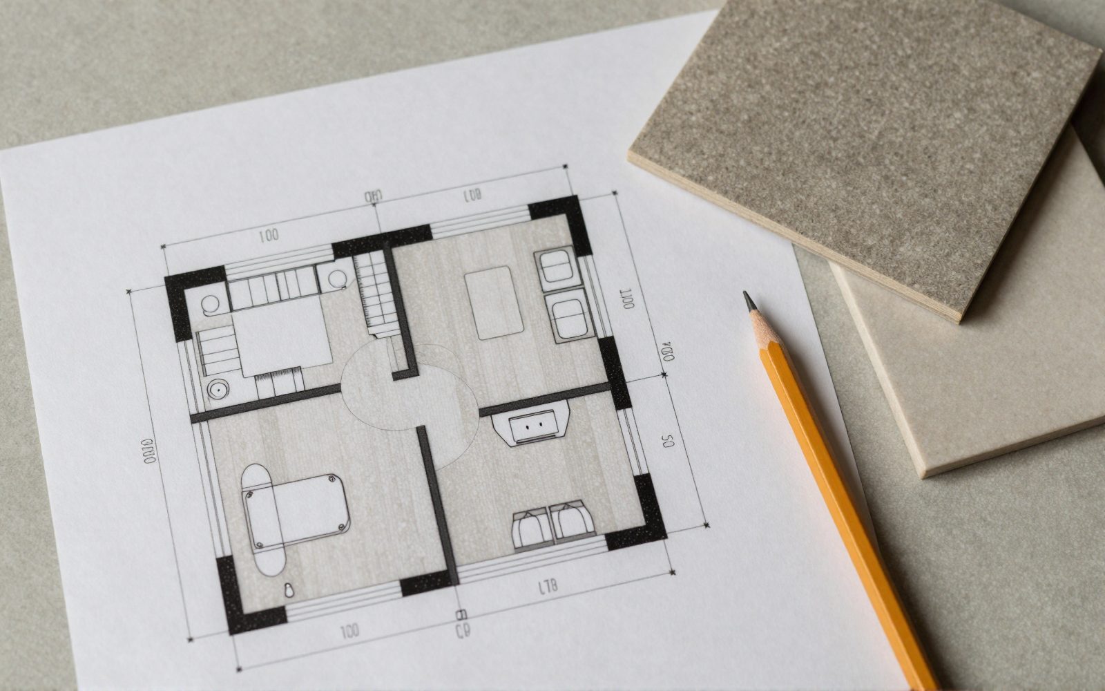 Illustration: a bathroom floor plan drawing on paper beside tile samples and a pencil, top-down view