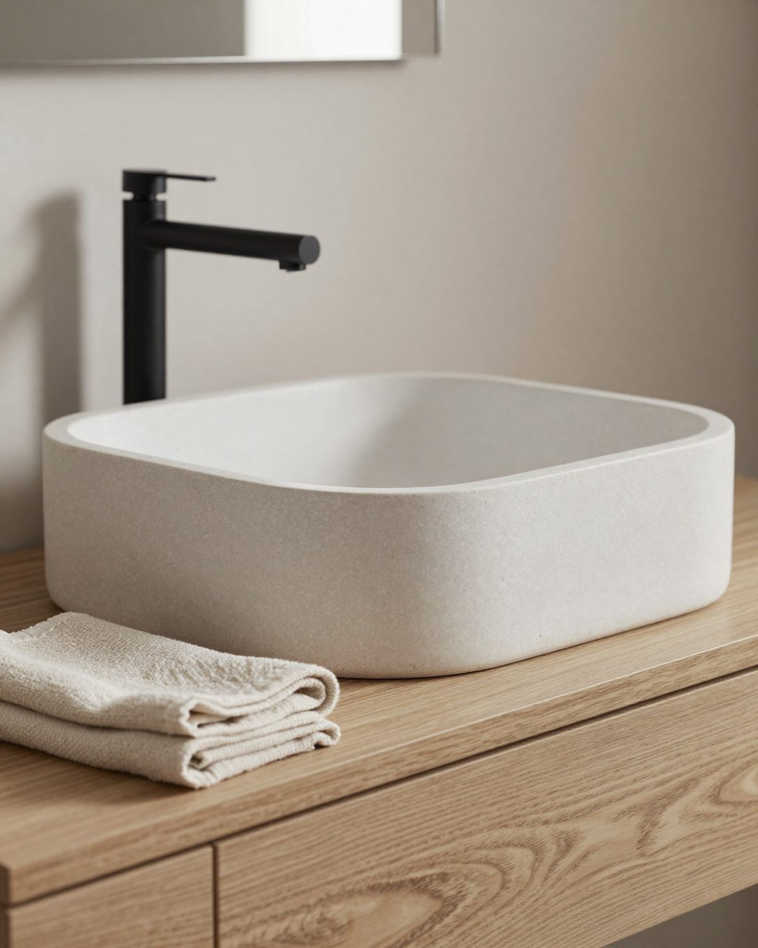 Illustration: close up of a Japandi bathroom vanity: oak timber grain, a matte white stone basin, a black slim tap, a folded linen towel