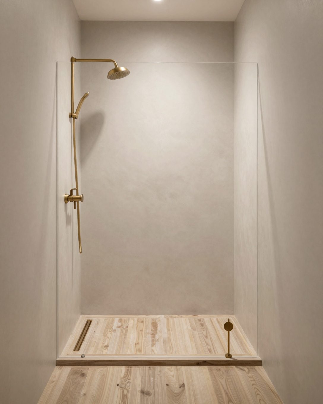 Illustration: a Japandi walk-in shower with timber-look porcelain floor, pale plaster walls and a single brushed brass shower rose