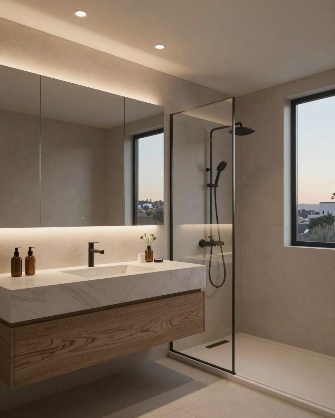 Illustration: a bathroom at dusk with soft LED strip lighting under a floating vanity and in a shower niche, low ceiling downlights