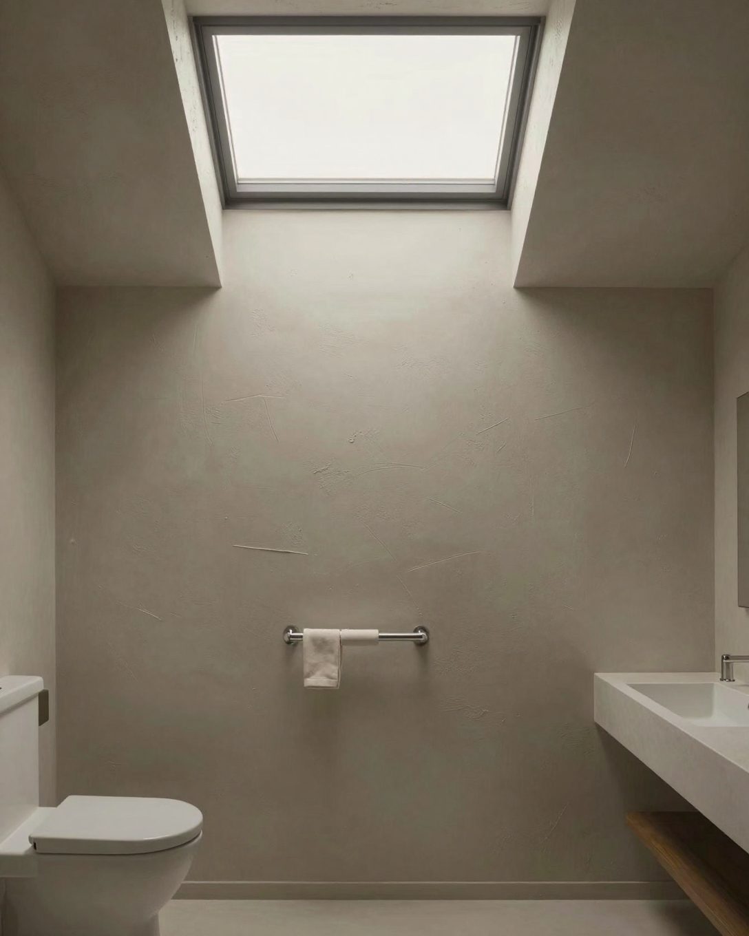 Illustration: a bathroom lit by a high clerestory window, daylight washing down a textured plaster wall