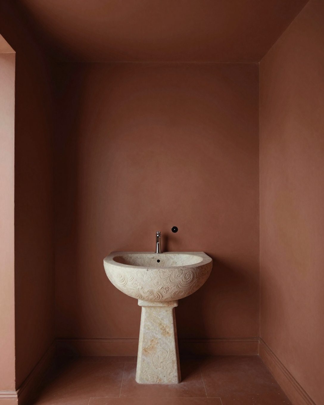 Illustration: a powder room painted entirely in deep terracotta, ceiling included, with a sculpted stone basin