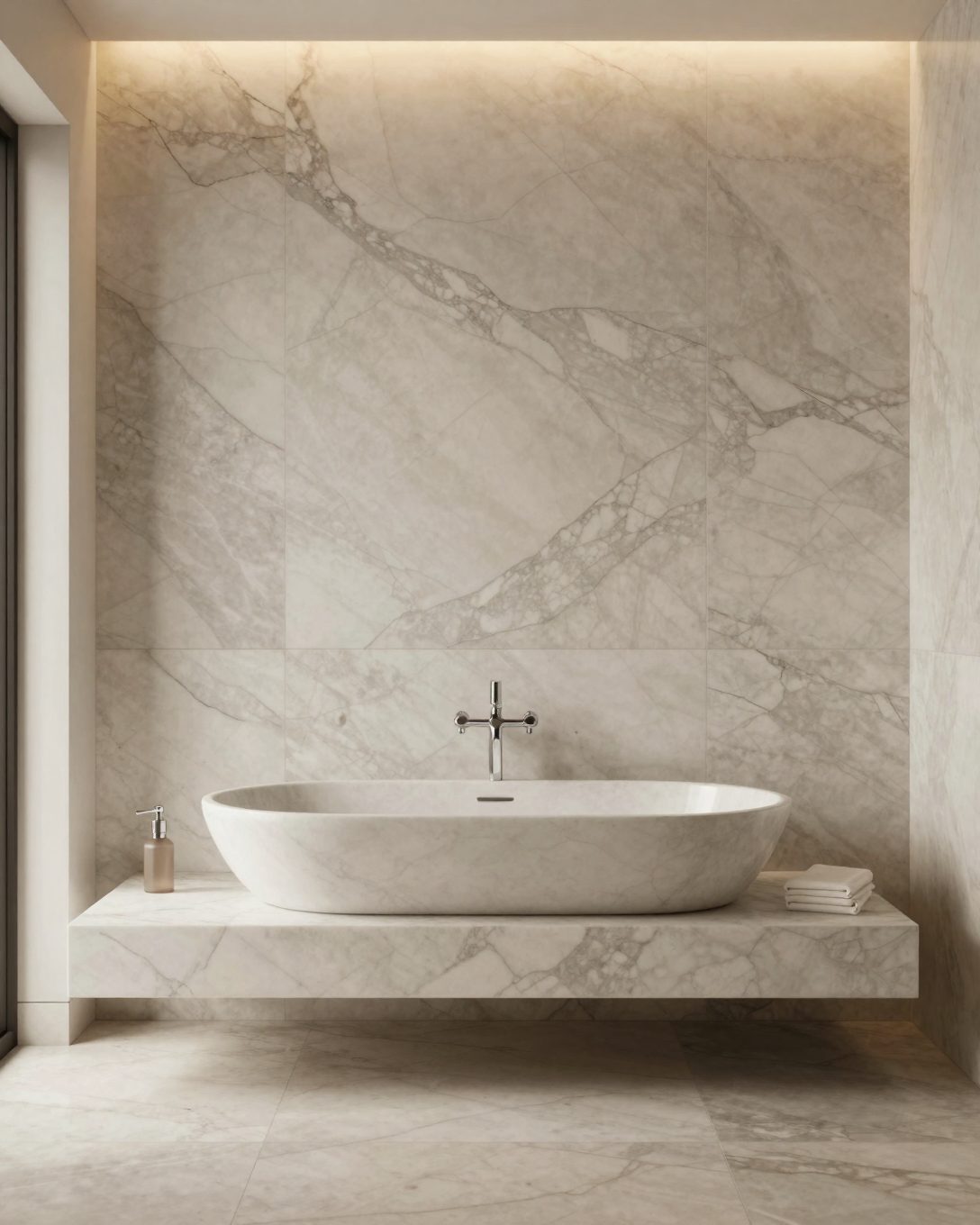 Illustration: a powder room with a book-matched marble wall and a floating marble basin, low warm lighting