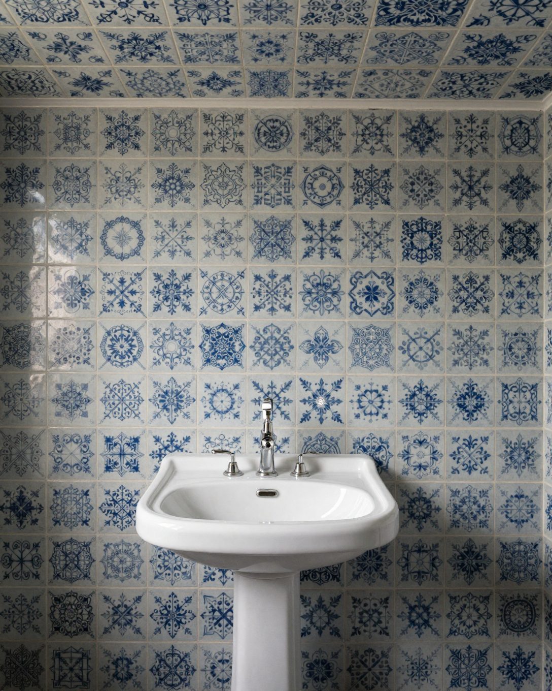 Illustration: a powder room with blue and white patterned encaustic tiles to the ceiling and a white pedestal basin