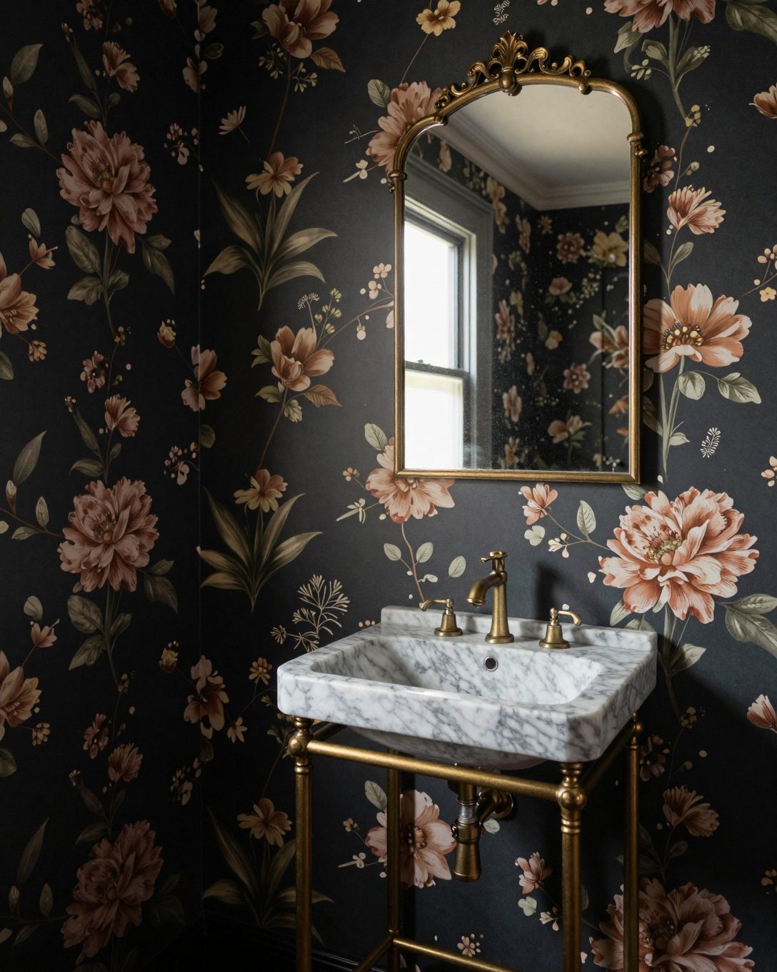 Illustration: a powder room with dramatic dark floral wallpaper, a small marble basin on a brass stand and a vintage mirror
