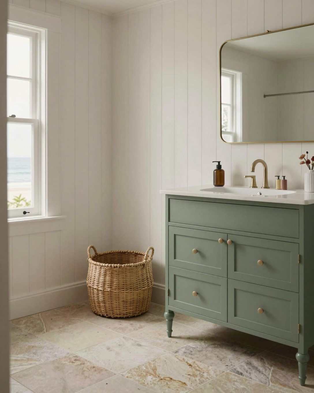 Illustration: a coastal bathroom: white vertical timber lining boards, a sage green vanity, woven basket, sandstone-coloured floor tiles, morning light from a window
