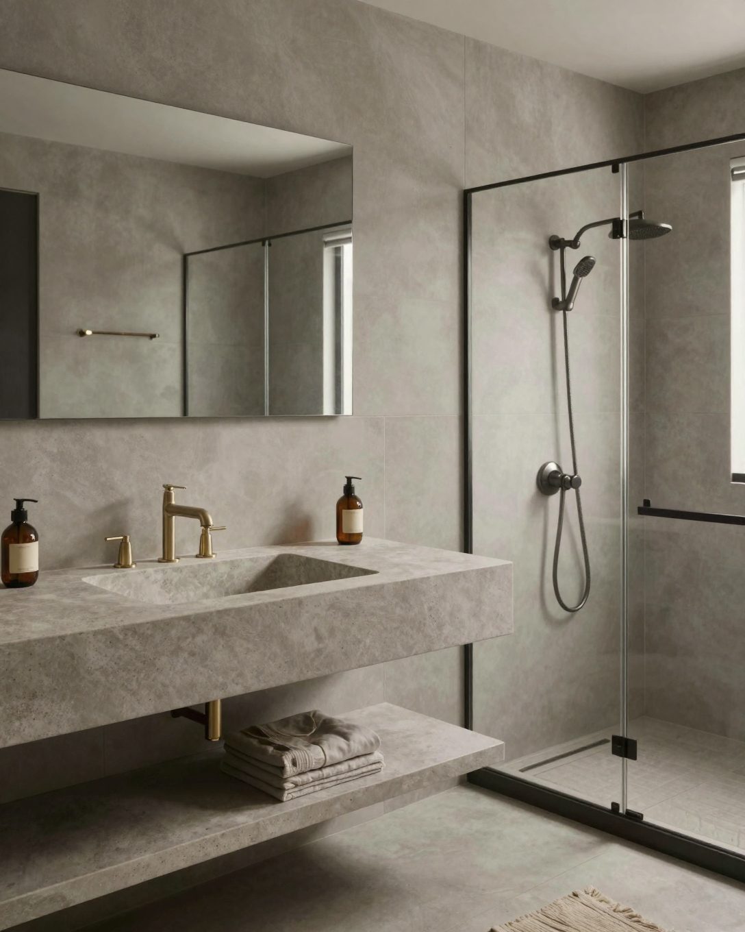 Illustration: a contemporary Australian bathroom: large-format warm grey porcelain, a floating stone vanity, brushed nickel tapware, a frameless shower
