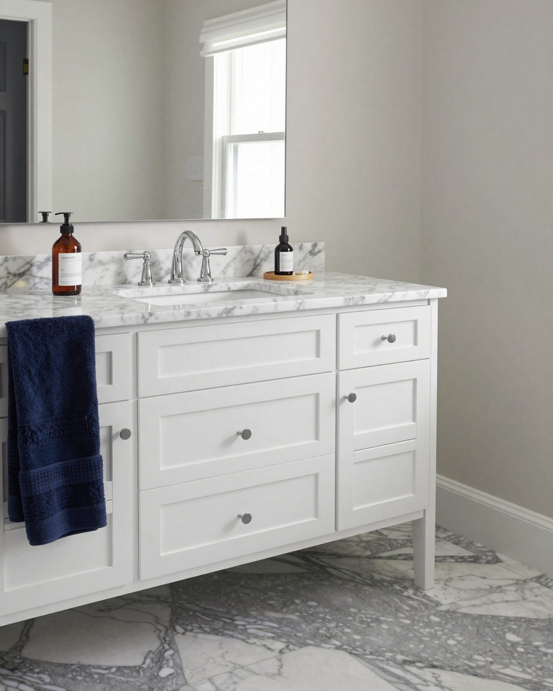 Illustration: a Hamptons style bathroom: white shaker vanity with marble top, chrome tapware, grey and white marble floor, navy towel