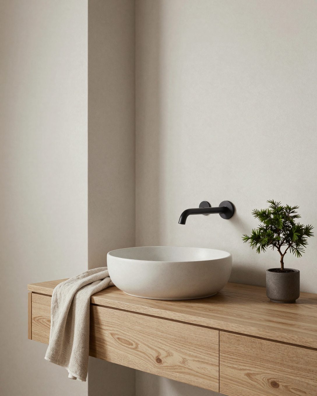 Illustration: a Japandi bathroom: pale oak vanity, a round ceramic vessel basin, warm white microcement walls, a linen towel, a small bonsai