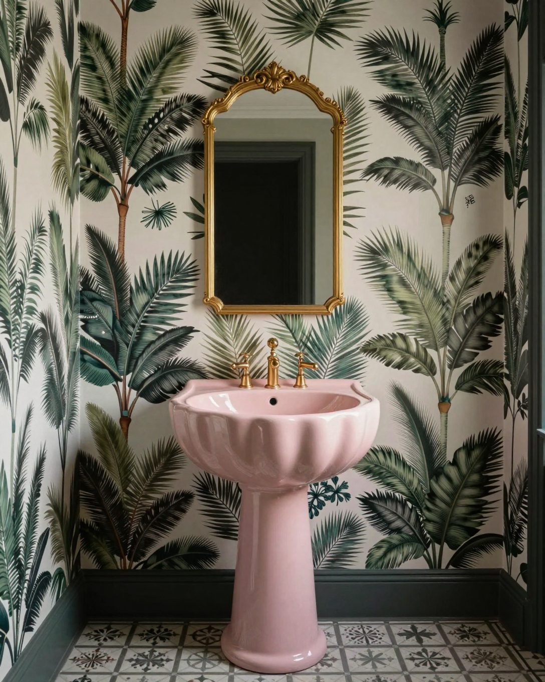 Illustration: a maximalist powder room: bold botanical wallpaper, a pink scalloped basin, gold mirror, patterned floor tiles