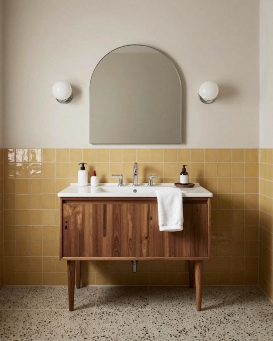 Illustration: a mid-century modern bathroom: walnut vanity with tapered legs, terrazzo floor, mustard yellow finger tiles, globe wall lights