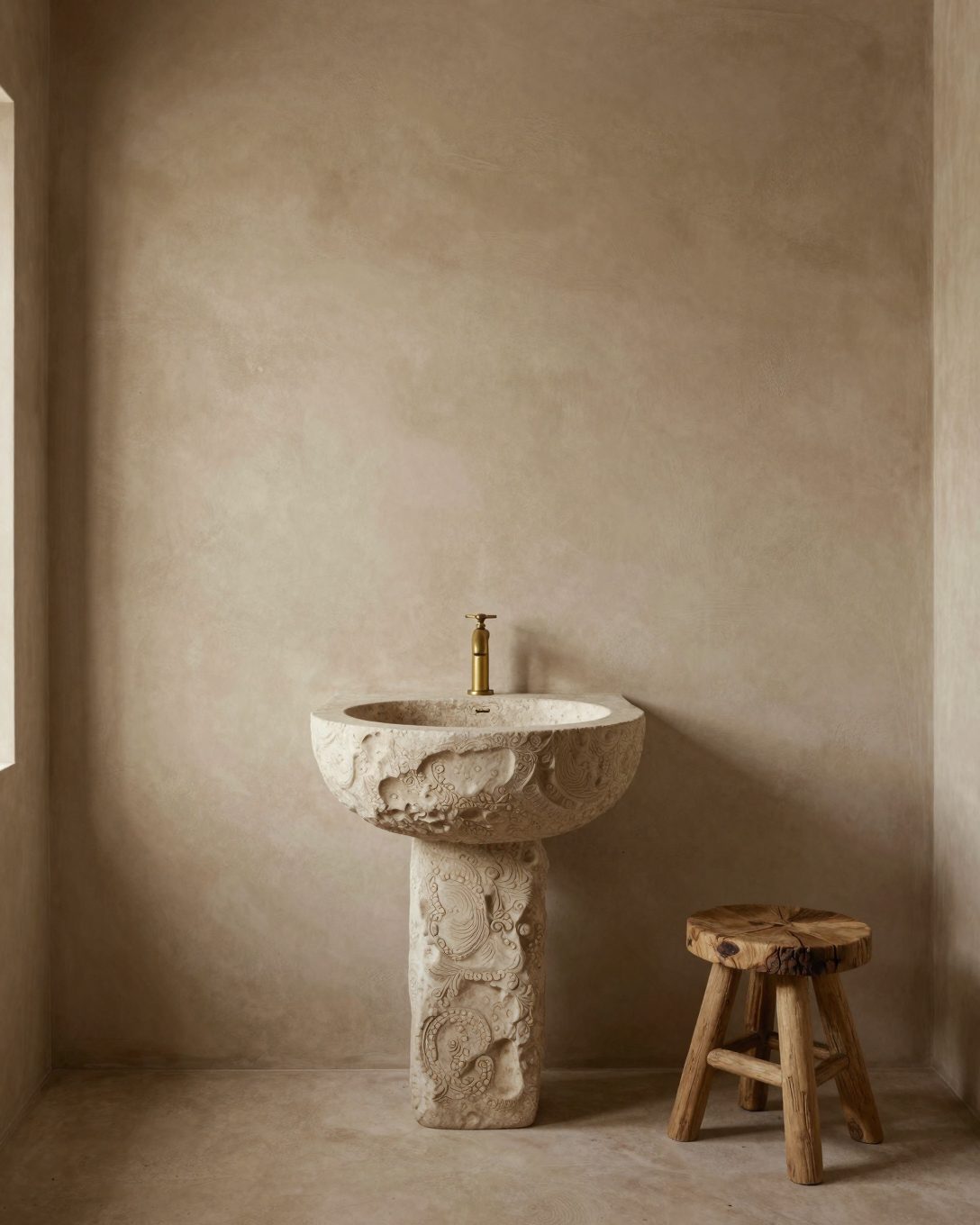 Illustration: a wabi-sabi bathroom: lime plaster walls in warm clay tones, a carved stone basin, aged brass tap, rough timber stool
