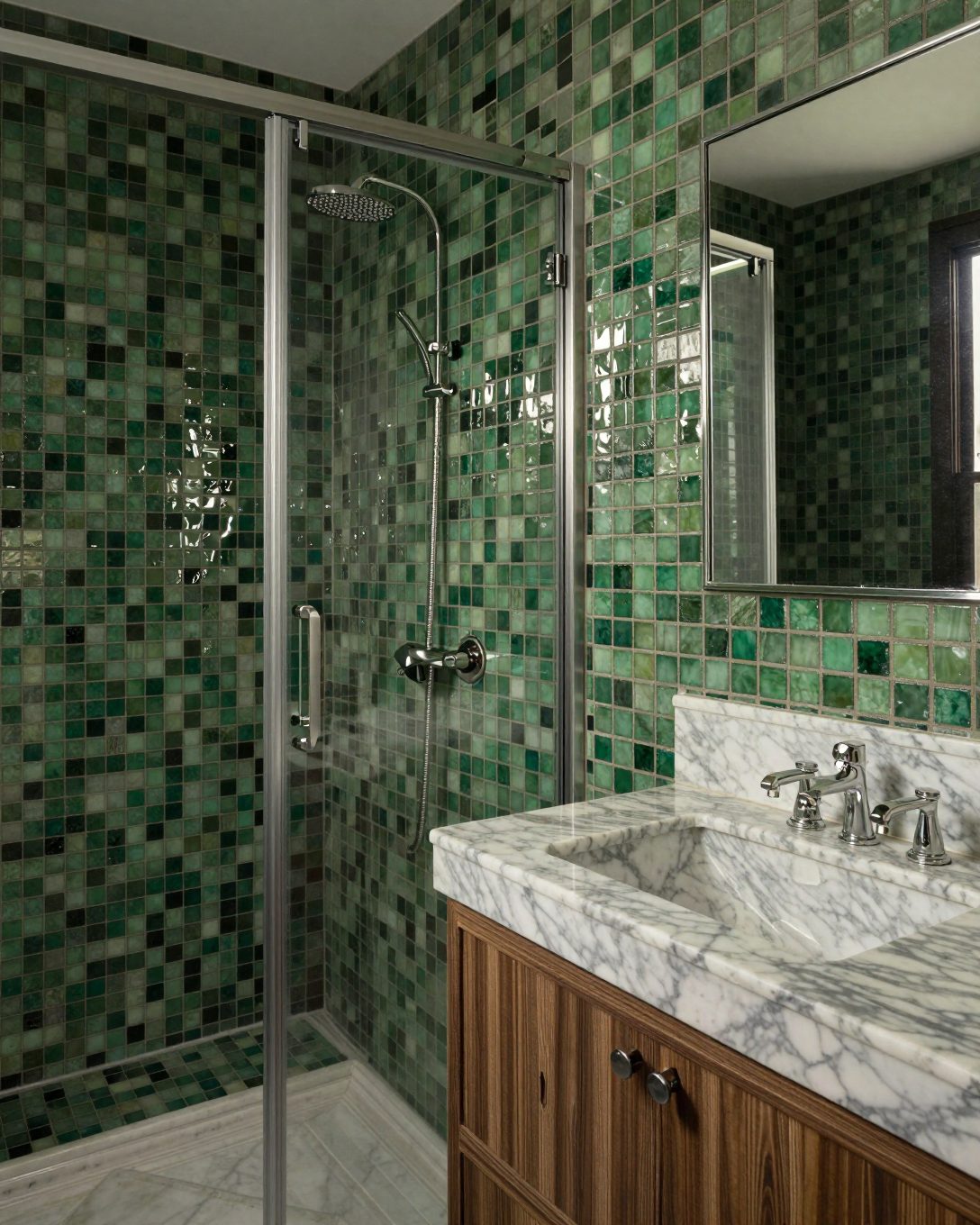 Illustration: a bathroom with deep green glossy mosaic tiles in the shower and a bespoke marble vanity, Art Deco revival
