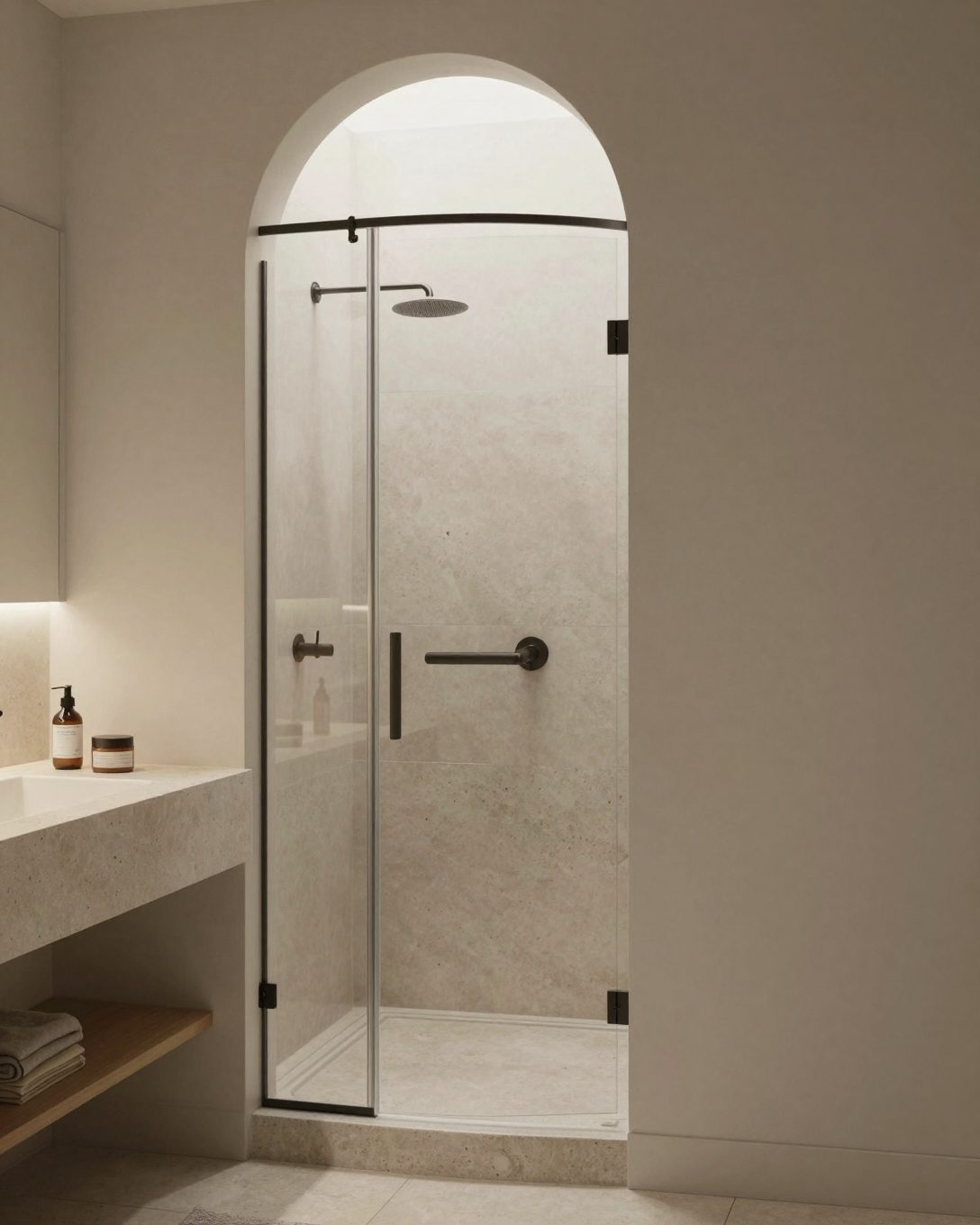 Illustration: a bathroom with a curved arch shower opening, rounded stone vanity edges and soft curved mirror