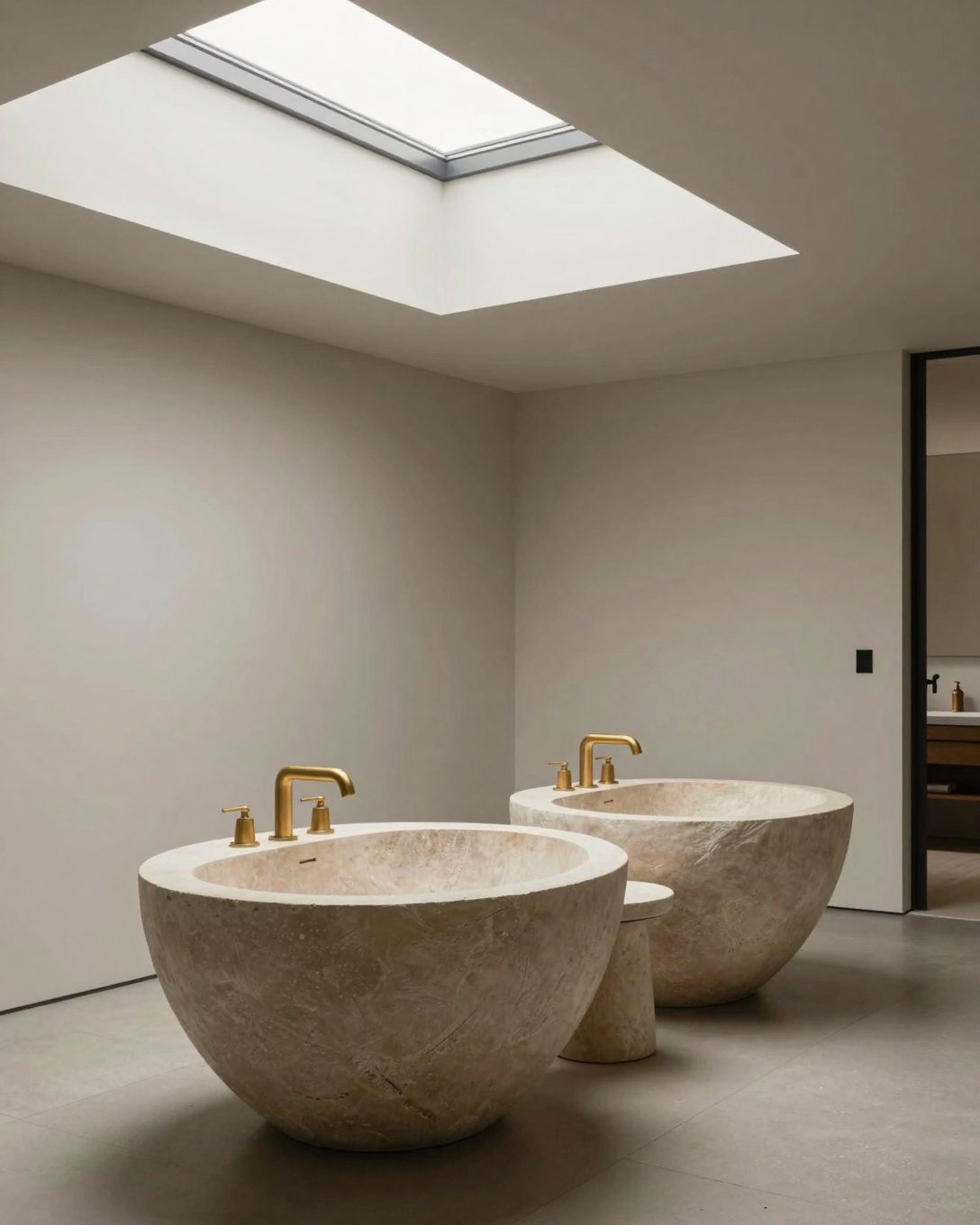 Illustration: a light-filled master ensuite under a skylight with sculpted stone basins and brushed gold tapware