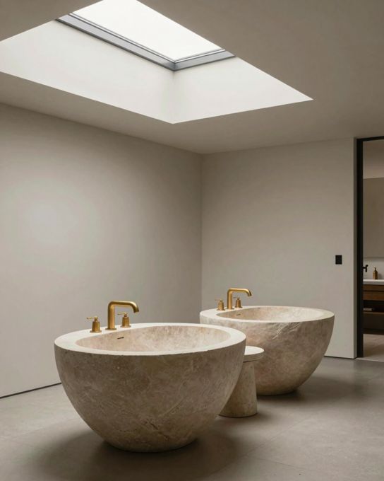 Illustration: a light-filled master ensuite under a skylight with sculpted stone basins and brushed gold tapware