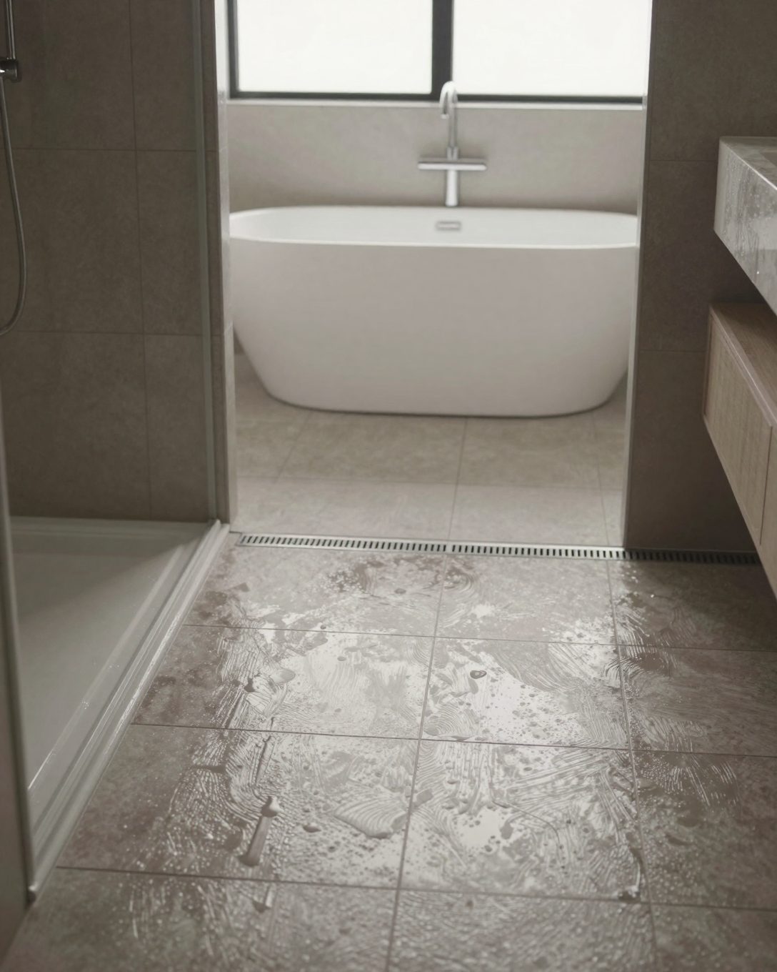 Illustration: a wet room bathroom: one continuous tiled floor with a linear drain, an open shower with no screen and a freestanding bath beyond