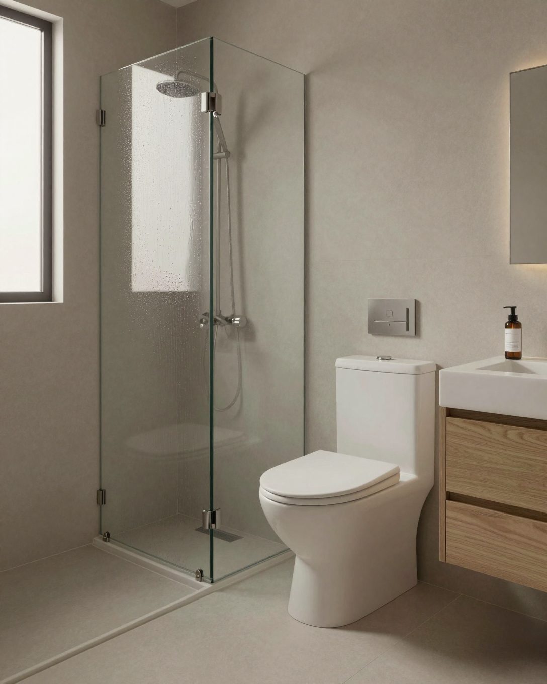 Illustration: a small wet room with a single glass panel, a wall-hung toilet and vanity, all on one level floor