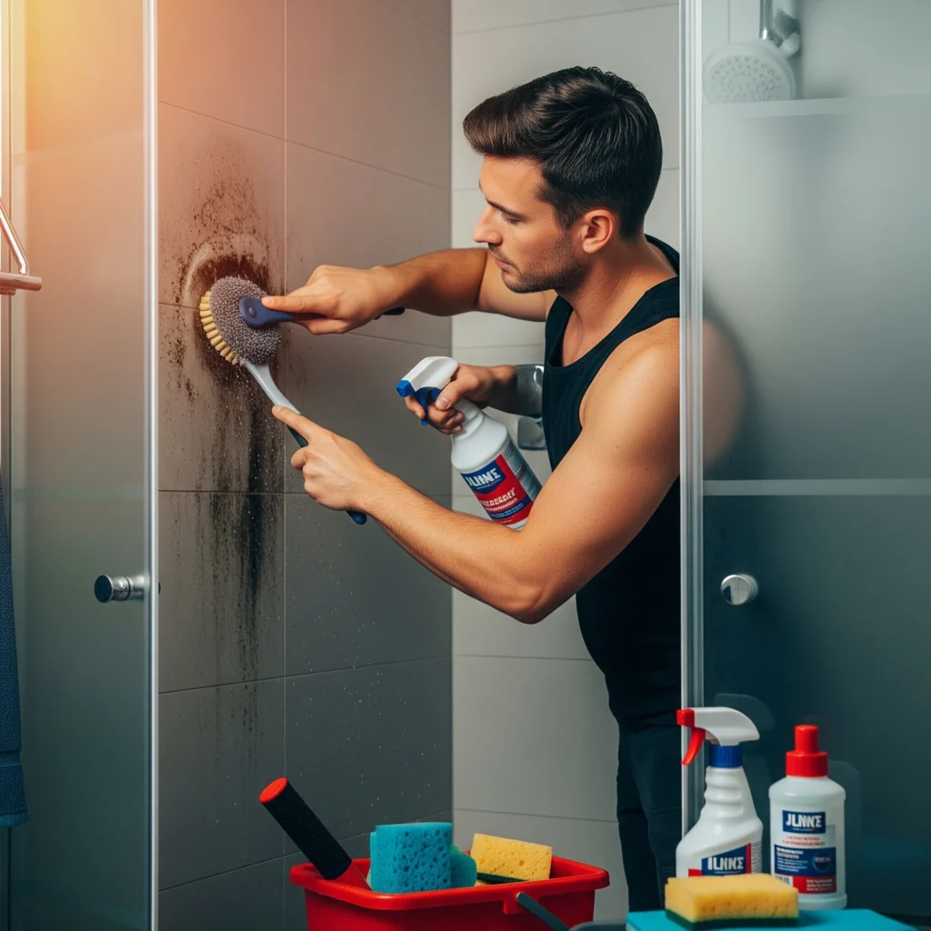 A man wearing a black tank top is scrubbing mold from a shower wall using a brush and cleaning spray. Cleaning supplies are visible in the background.
